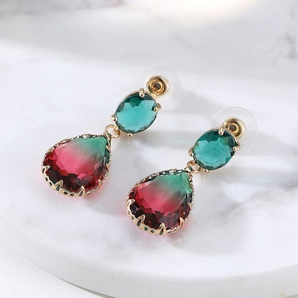 Gemstone Drop Earrings Red Green Gold plated Fashion - Picture 2 of 4